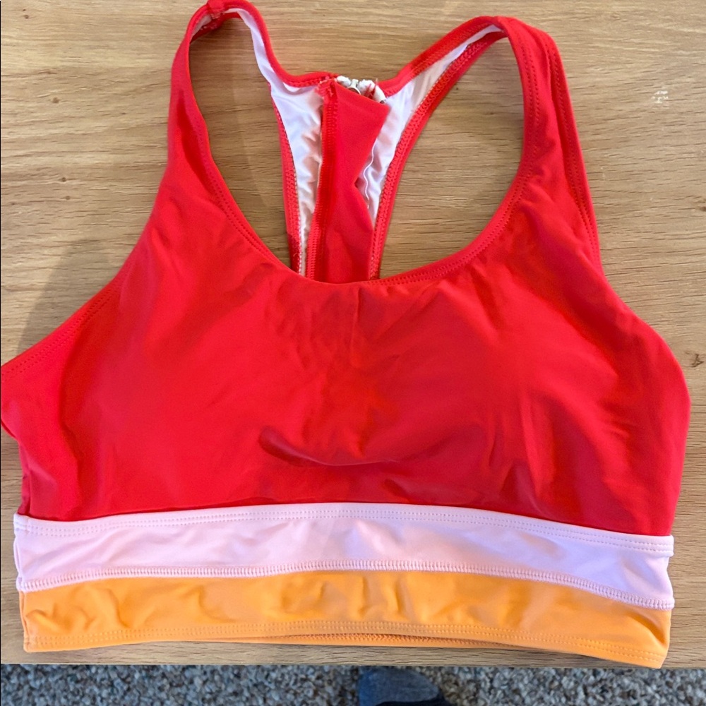 Seafancy- Women's Red Racerback Swim top with Pink and Orange Band